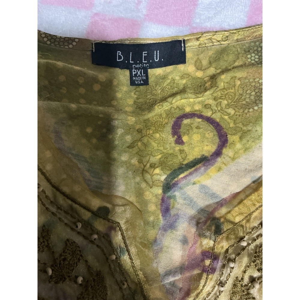 B.L.E.U. Women's Top Size XLP Green Yellow Purple Embroidered Artsy Boho Y2K - Picture 8 of 9